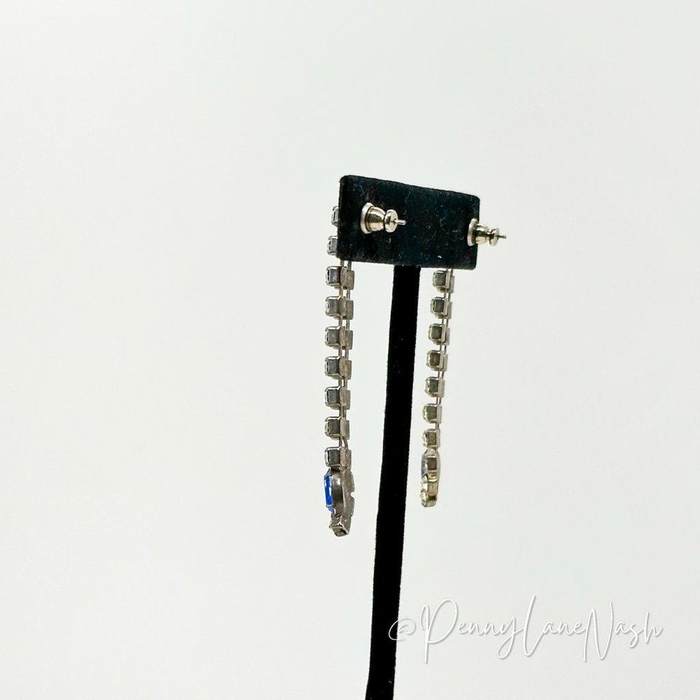 Vintage Two Row Rhinestone Drop with Blue Gem Dangle Earrings - Picture 8 of 9
